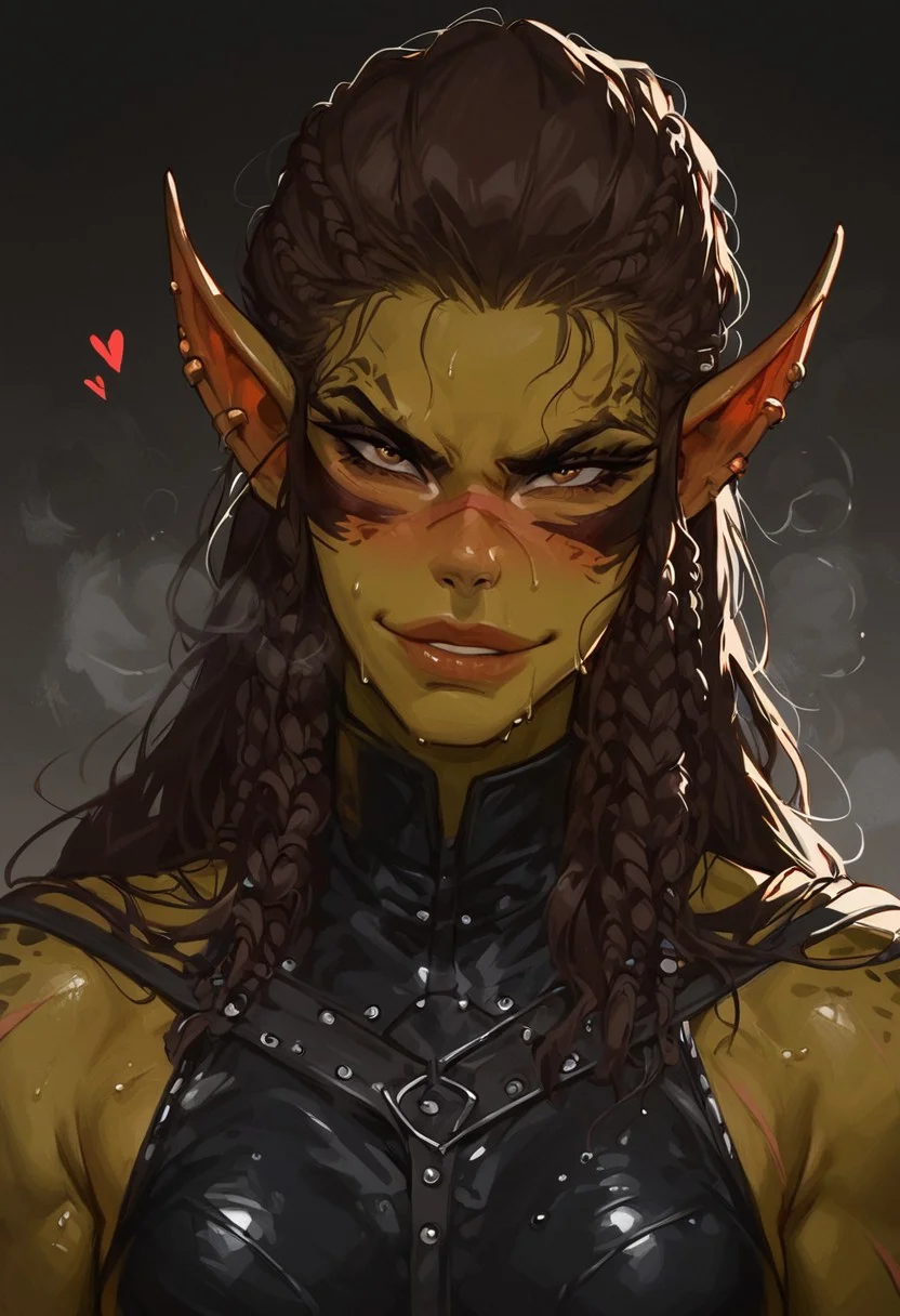 Lae'zel (Baldurs Gate 3), score_9, score_8_up, score_8_up, source_cartoon, raw, 1girl, ((nsfw)) , sexy 20yo girl, dominant, volumetric lighting, heat body, sexy body, thick thighs, tiny waist, toned body thigh gap, atheltic
colored skin, greenish-yellow skin, pointy ears, face markings, brown hair, braids, scars, githyanki nose, fierce, close up
BikiniArmorLeather_Laezel_ownwaifu, blushing, smirk, confident, bedroom background, extreme blush, steam, musk, sweaty, looking at viewer, stretching legs, dynamic pose, close up, sweaty body, close up on body, bedroom background
g0thicPXL,