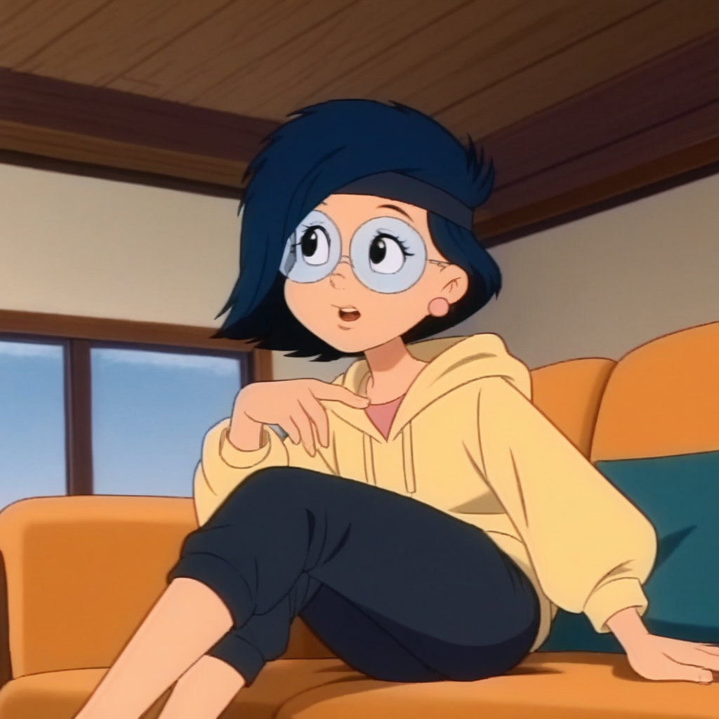 score_7_up, BREAK, annie, 1girl, solo, short hair, blue hair, black eyes,  headband, glasses, earrings,   <lora:Annie_MPM_PXL_Leaf2:1>,  yellow hoodie, black pants, on couch, indoors, living room,