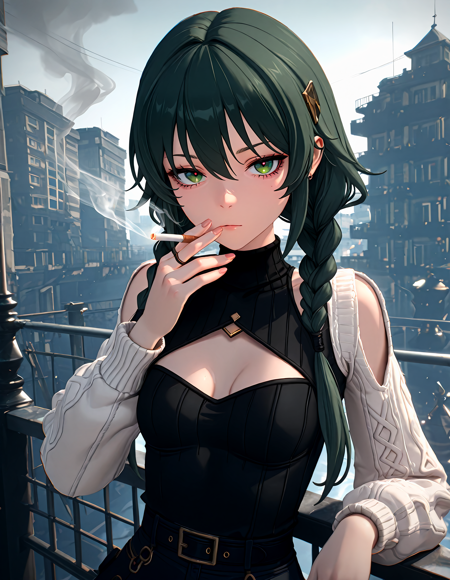 masterpiece,  best quality, newest, highres, absurdres,  <lora:Z_Style:1>,3d,1girl, solo, cigarette, smoke, chromatic aberration, looking at viewer, smoking, braid, fingernails, breasts, holding cigarette, long hair, twintails, building, cleavage cutout, twin braids, green eyes, small breasts