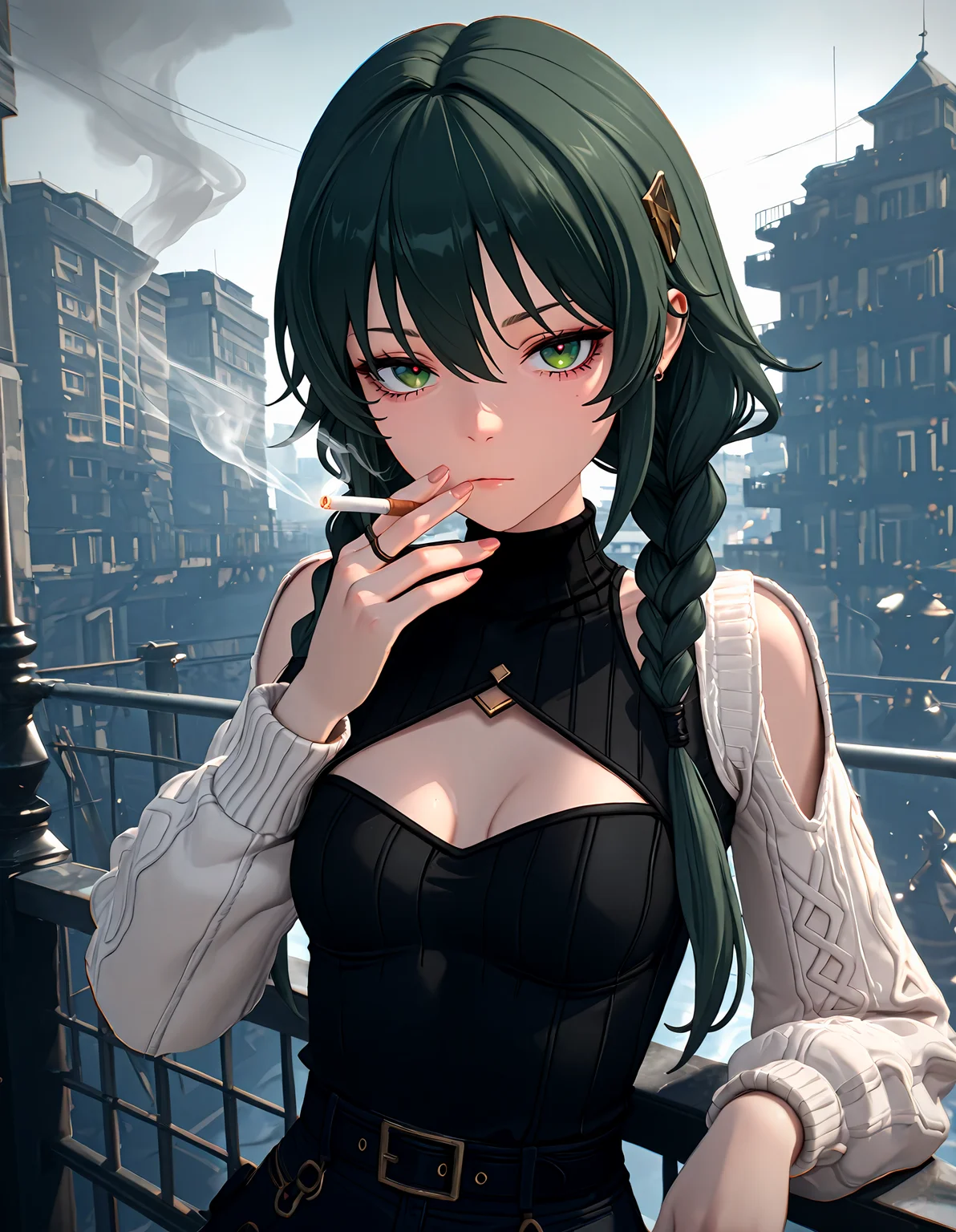 masterpiece, best quality, newest, highres, absurdres, <lora:Z_Style:1>,3d,1girl, solo, cigarette, smoke, chromatic aberration, looking at viewer, smoking, braid, fingernails, breasts, holding cigarette, long hair, twintails, building, cleavage cutout, twin braids, green eyes, small breasts