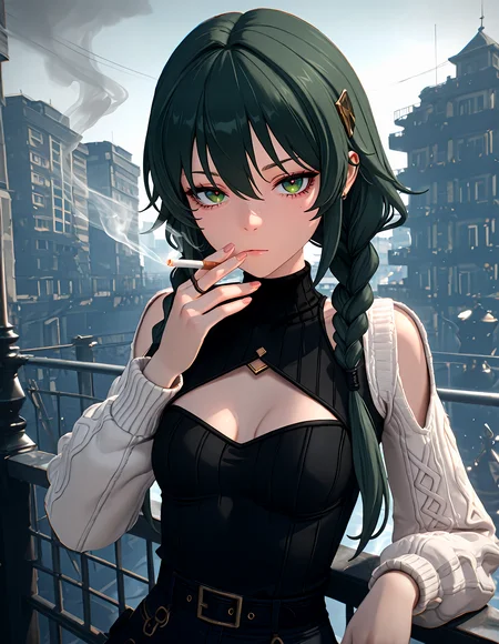 masterpiece, best quality, newest, highres, absurdres, <lora:Z_Style:1>,3d,1girl, solo, cigarette, smoke, chromatic aberration, looking at viewer, smoking, braid, fingernails, breasts, holding cigarette, long hair, twintails, building, cleavage cutout, twin braids, green eyes, small breasts