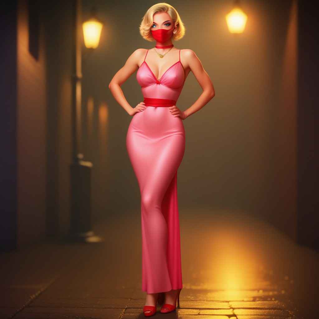 score_9, score_8_up, score_7_up, zPDXL3, NEGATIVE_HANDS, beautiful aesthetic, very intricate details, high quality details, realistic, highres, HD, 1 girl, solo, BREAK, blue face mask, blonde hair, short hair, cyan eyes, red necklace, covered neck, pink dress, red high heels, thin body, standing, hand on hips, happy smiling, sexy, BREAK, city