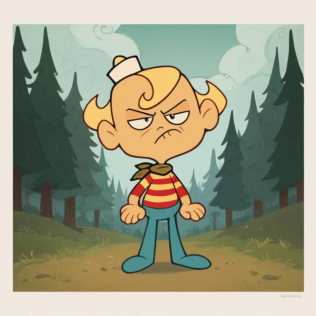 score_9, score_8_up, score_7_up, score_6_up, score_5_up, score_4_up, toon \(style\),  FLPJCK, forest, squatting,  cloudy, 1boy, blonde hair, striped shirt, scarf, hat, blue pants, full body, frown <lora:flpjckv2-50:1>