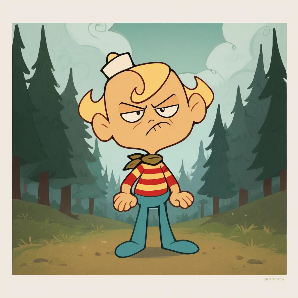 score_9, score_8_up, score_7_up, score_6_up, score_5_up, score_4_up, toon \(style\), FLPJCK, forest, squatting, cloudy, 1boy, blonde hair, striped shirt, scarf, hat, blue pants, full body, frown <lora:flpjckv2-50:1>