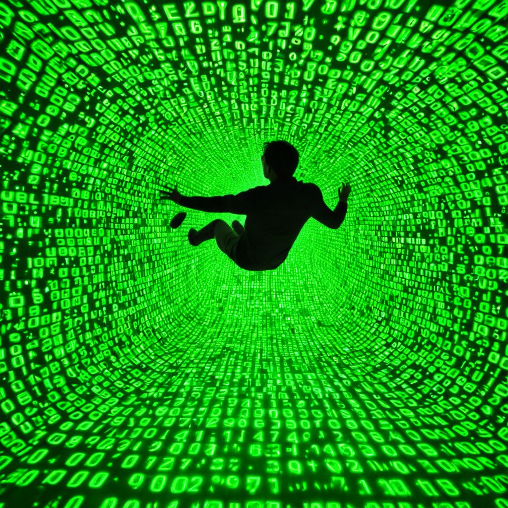 man falling through computer world falling apart into binary code, mid air, falling though air, merge of dream and computer code realms, masterpiece, cinema lighting, modern ink, urbanpunk, aesthetic, matrix style, green numbers and letters