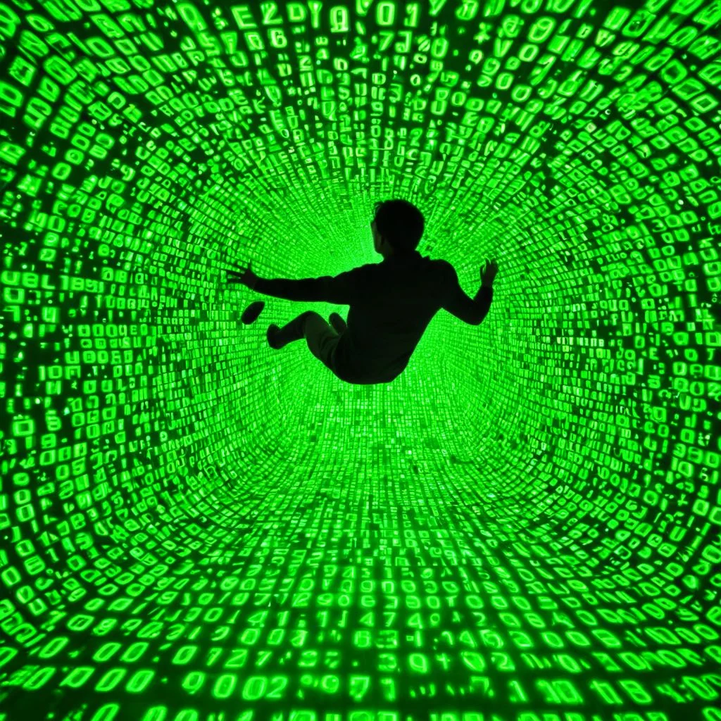 man falling through computer world falling apart into binary code, mid air, falling though air, merge of dream and computer code realms, masterpiece, cinema lighting, modern ink, urbanpunk, aesthetic, matrix style, green numbers and letters