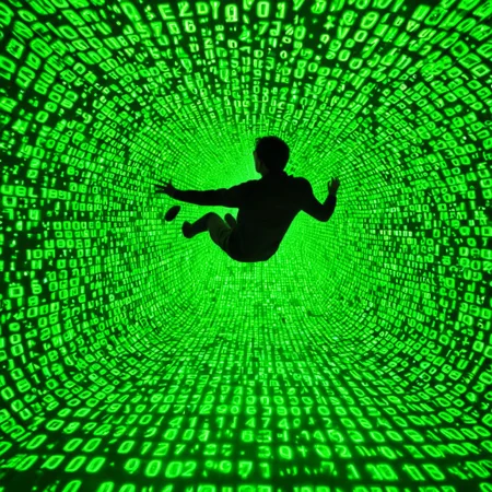 man falling through computer world falling apart into binary code, mid air, falling though air, merge of dream and computer code realms, masterpiece, cinema lighting, modern ink, urbanpunk, aesthetic, matrix style, green numbers and letters