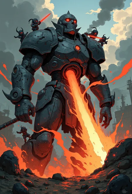 "Create a stunning, hyper-realistic image of a fierce war golem firing a rainbow energy beam from its opened mouth. The golem should be detailed with rough, stone-like textures and a menacing, powerful stance. High volumes of destructive force should fill the surrounding area, with energy waves and debris adding to the intensity. Tiny goblins should be clinging to the giant golem, attacking it with their daggers, adding a dynamic and chaotic element to the scene. The goblins should be depicted with intricate details, showing their determination and ferocity. The background should be a war-torn landscape, with smoke and ruins, enhancing the sense of battle and destruction. The overall composition should be both visually captivating and aesthetically pleasing, capturing the essence of a powerful and intense battle scene."