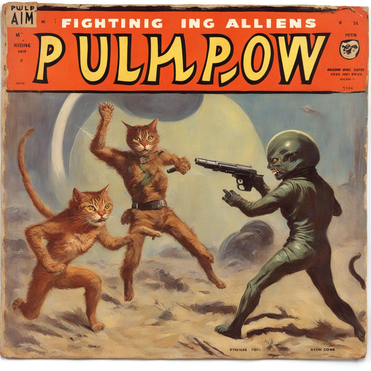 A vintage pulp magazine cover of a HuMeow fighting aliens  VintageMagStyle <lora:SDXL-HuMeow-LoRA-r8-000003:1>  <lora:SDXL-VintageMagStyle-Lora-000004:1>