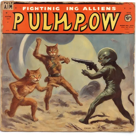 A vintage pulp magazine cover of a HuMeow fighting aliens VintageMagStyle <lora:SDXL-HuMeow-LoRA-r8-000003:1> <lora:SDXL-VintageMagStyle-Lora-000004:1>