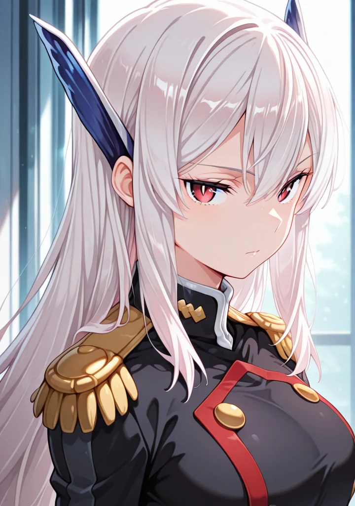 masterpiece,best quality,amazing quality,
1girl,looking at viewer,upper body,military uniform,
<lora:matochara:1>,uzen kyouka,red eyes,white hair,