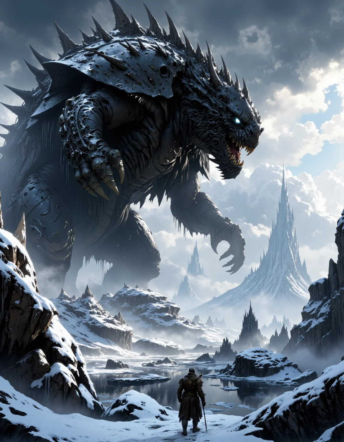 hyper realistic and highly detailed, highly dynamic cinematic panorama view,  an enormous snow monster is standing on the ice, in the style of epic fantasy scenes, manticore, explosive wildlife, terragen, dark gray, strong facial expression, realistic hyper-detailed rendering, hyper-realistic details, 32k UHD, masterpiece::, the creature is moving towards the snow and it's claws, 2d game art, mythical beasts, strong facial expression, national geographic photo, cold and detached atmosphere,  realistic hyper-detailed rendering, hyper-realistic details, 32k UHD, masterpiece, fantasy illustration ,  atmospheric haze, panoramic zoomed out view, highly dramatic lighting, MythP0rt
<lora:FredFraiStyle-FLUX-Share:0.5>  <lora:FluxMythP0rtr4itStyle:0.7> <lora:dark_fantasy_flux:0.9>  <lora:artilands:0.8>