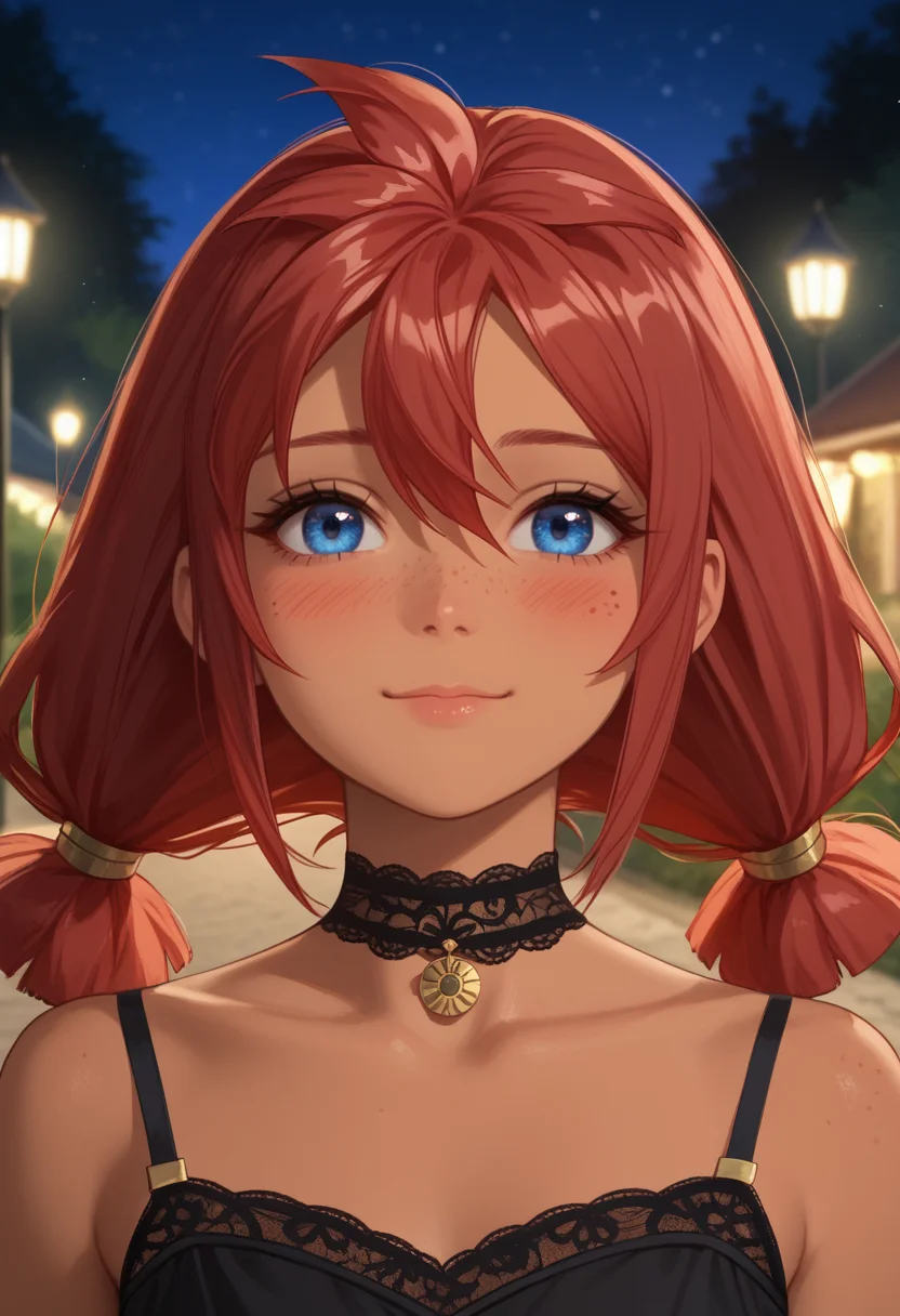 score_9, score_8_up, score_7_up, rating_safe,
best quality, masterpiece, ultra detailed,
<lora:Expressive_H:1>, light smile, blush, closed mouth, expressiveh, cat mouth,
looking at viewer,
<lora:Everlasting_Summer_Ulyana_by_GraffMetal:1>, ulyana, red hair, twintails, hair between eyes, blue eyes, face freckles, body freckles, dark skin,
black dress, lace, upper body, night, portrait, bokeh, cinematic, black simple choker, lace choker, cute,
amazing background, nature, outside, outdoors,