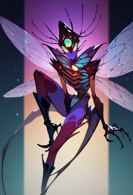 score_9, score_8_up, score_7_up, score_6_up, dark faerie, flying at night, beautiful face, heavy black boots, highly detailed, insect wings, monster boy, perfect eyes looking at viewer, cyan and magenta, colored skin,