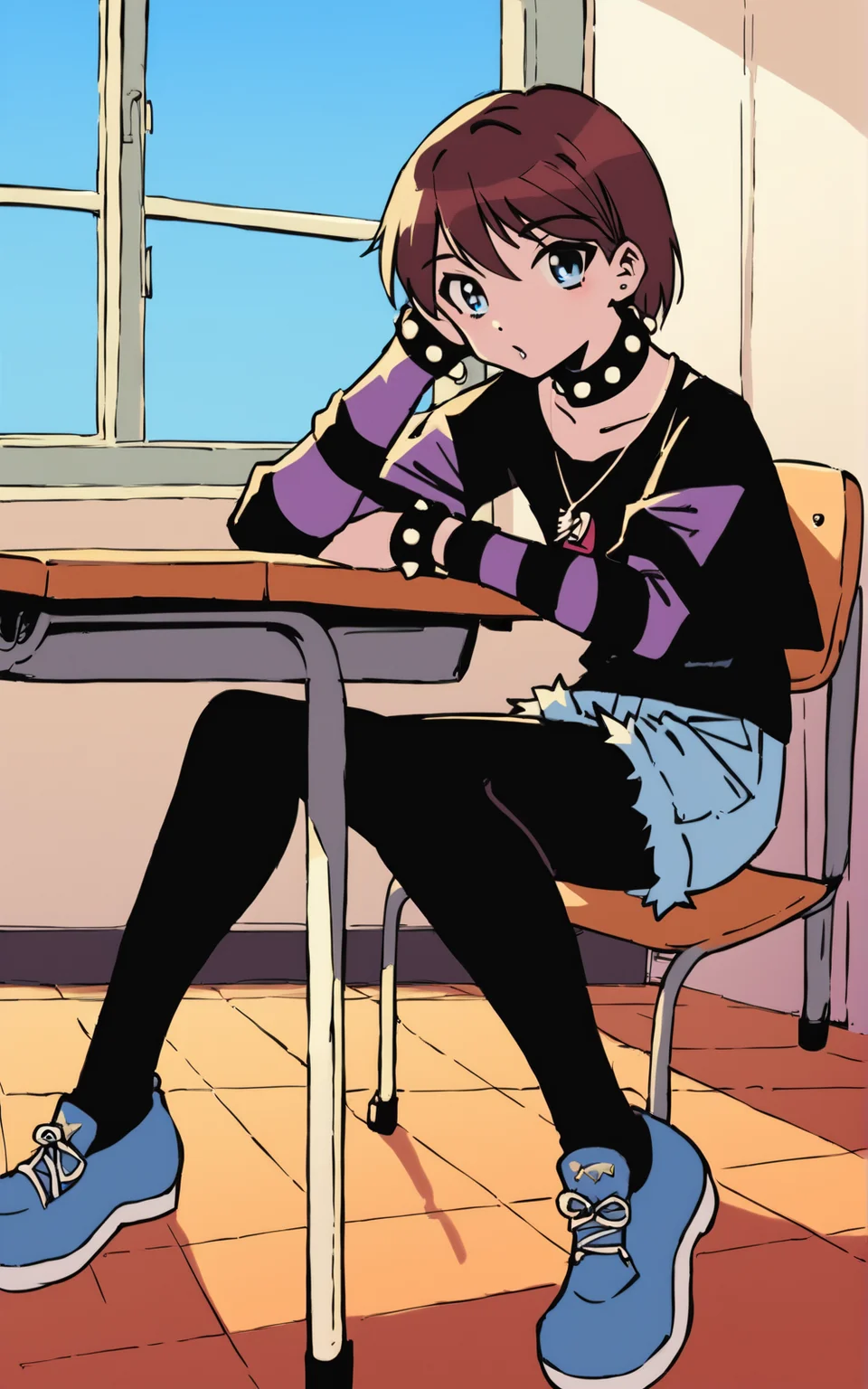 score_9, score_8_up, score_7_up,((best quality)), absurdres, ((full body)), <lora:BolivanteStyle:0.8>, <lora:BiSmPXL:0.8>, BiSmPXL, spiked bracelets, bracelets, black shirt, black pantyhose, pantyhose, legwear under shorts, blue shorts, short over long sleeves, striped sleeves, spiked collar, short hair, blue eyes, brown hair, shoes, white background, sitting, desk, inside, school, classroom , blue sky