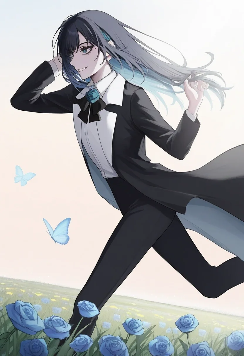 1girl, solo, chando, long hair, flower brooch, blue eyes, mole under eye, blue hair, multicolored hair, blue flower, blue rose, white shirt, collared shirt, black coat, black bowtie, black pants,
smiling, joyful expression, running, open arms, flower field, blooming flowers, sunny sky, light breeze, butterflies, golden sunlight, grass, from side, hand to own hair, 
, <lora:Character_Ado - Chando:0.8>