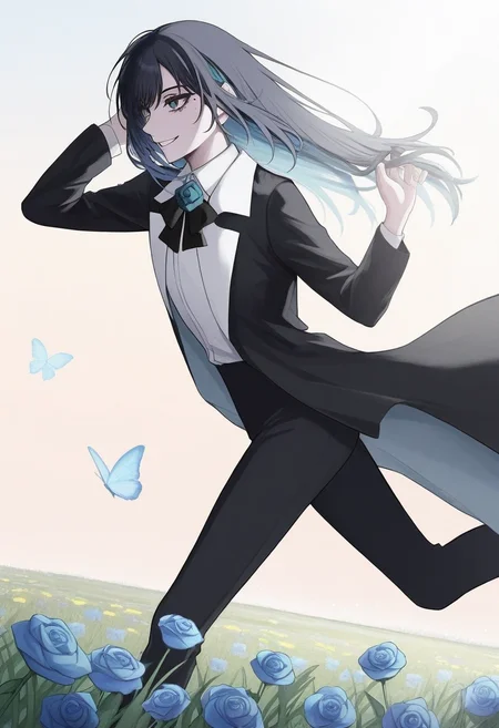 1girl, solo, chando, long hair, flower brooch, blue eyes, mole under eye, blue hair, multicolored hair, blue flower, blue rose, white shirt, collared shirt, black coat, black bowtie, black pants,
smiling, joyful expression, running, open arms, flower field, blooming flowers, sunny sky, light breeze, butterflies, golden sunlight, grass, from side, hand to own hair, 
, <lora:Character_Ado - Chando:0.8>