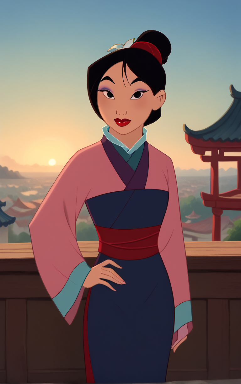 score_9, score_8_up, score_7_up, looking at viewer,  BREAK
PinkDressHairTied_Fa_Mulan_ownwaifu, 
1girl, black hair, single hair bun, black eyes, hair ornament, lips, short hair, hair flower, jewelry, lipstick, makeup, red lips, 
pink dress, japanese clothes, kimono, sash, long sleeves, hanfu, chinese clothes, pink kimono, obi, sleeves past wrists,
(contrapposto, hand on hip), sunset, sidelighting, cityscape, vanishing point, outdoors, <lora:PONYXL_Fa_Mulan_Movie_ownwaifu:1> , depth of field, solo,