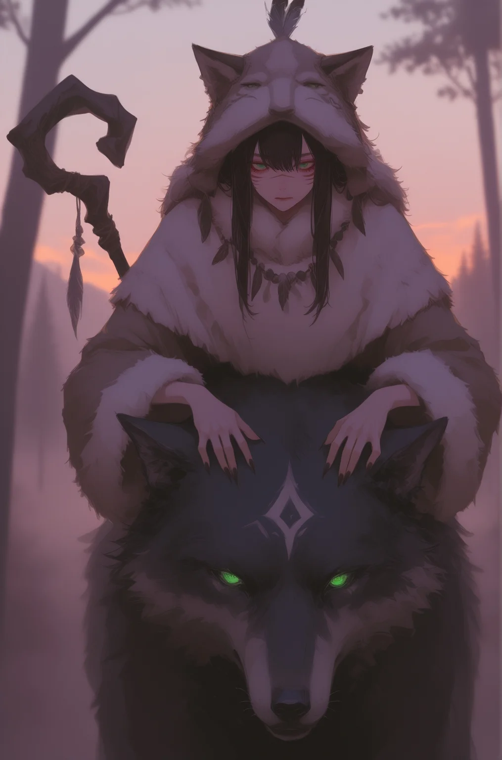 (masterwork, digital art, best example, award-winning, masterpiece, best quality, hyper-detailed, (by rolua, by roitz \( roitz \):1.2), (by mika pikazo:1.1), (by kagoya1219:1.1), by ask \(askzy\), film grain, (limited palette:1.2), 1girl, solo,(green eyes), shaman, wolf_pelt, fur_clothing, riding big bear, long fingernails,black fingernails,sharp fingernails, looking_down, serious_expression, mystical, four fingers hands,tribal_markings, detailed_background, forest, nature, dusk, glowing_eyes, bone_accessories, feather_accessories, staff, high_quality, masterpiece,realistic lightning,RTX,HDR,dynamic lightning,deep shadows, (dark shadows:0.9), (high contrast:0.9), volumetric lighting, intricate details, blurry background, depth of field <lora:spo_sdxl_10ep_4k-data_lora_webui:0.3> <lora:748cmSDXL:0.3> <lora:illustriousXL_stabilizer_v1.23:0.3> <lora:Detailer_NoobAI_Incrs_v1:0.3> <lora:nhl-001-20:1.0> <lora:ponyv6_noobV1_2_adamW-000017:0.3> <lora:NOOB_vp1_detailer_by_volnovik_v1:0.4>