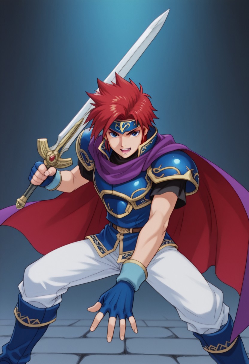 [#👦;♞]side_light,4k,(masterpiece:1.4),(best quality:1.4),(high resolution:1.4),Ultra HD, HDR,(hyperdetailed),smooth lighting,source_anime,very aesthetic,intricate details,intense,highres,vibrant colors,detailed_shadows,detailed_reflections,high-quality textures,depth of field,good shading,studio quality,epic lighting,digital illustration,path_tracing,rtx_on_styled_lighting_and_reflections,<lora:add-detail-xl:1>,looking at viewer,unblurred,perfect composition,intricate details,incredibly absurdres
BREAK [ONLY1boy,solo,character focus,male,18 year old,super smash bros. melee,r0y,\(Nintendo©\),Fire emblem (series),show accurate proportions,"crimson hair,redhead,SHORT-SPIKED hair,flowing hair",(shiny skin),"half-closed eyes,detailed eyes,symmetrical eyes,perfect eyes,glowing eye,glowing eye trails,(blue eyes:1.5),detailed eyes",soul,emotions,smirk,ALIVE,open mouth,shouting,(perfect hands,fingerless gloves,blue gloves,hands,perfect fingers,perfectly anatomy,detailed anatomy,correct anatomy),"black undershirt,short sleeves,bare shoulders",blue boots,"two-tone cape,purple-red cape,purple cape,purple scarf",brown belt,"BLUE HANDBAND,blue chest plate,blue armor,metallic reflection,shiny,glossy",blue tunic,white pants,SFW]
BREAK AWGXS,anime screenshot,retro artstyle,1990s (style),cel animation,VHS filter noise,action pose,fighting stance,"holding weapon,🗡️,holding sword,sword in hand,holding Sword of Seals,magical sword"