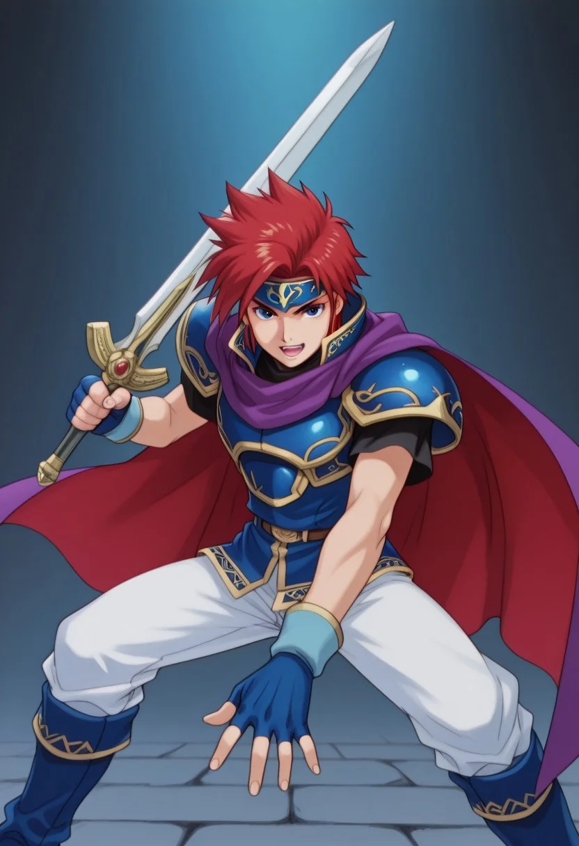[#👦;♞]side_light,4k,(masterpiece:1.4),(best quality:1.4),(high resolution:1.4),Ultra HD, HDR,(hyperdetailed),smooth lighting,source_anime,very aesthetic,intricate details,intense,highres,vibrant colors,detailed_shadows,detailed_reflections,high-quality textures,depth of field,good shading,studio quality,epic lighting,digital illustration,path_tracing,rtx_on_styled_lighting_and_reflections,<lora:add-detail-xl:1>,looking at viewer,unblurred,perfect composition,intricate details,incredibly absurdres
BREAK [ONLY1boy,solo,character focus,male,18 year old,super smash bros. melee,r0y,\(Nintendo©\),Fire emblem (series),show accurate proportions,"crimson hair,redhead,SHORT-SPIKED hair,flowing hair",(shiny skin),"half-closed eyes,detailed eyes,symmetrical eyes,perfect eyes,glowing eye,glowing eye trails,(blue eyes:1.5),detailed eyes",soul,emotions,smirk,ALIVE,open mouth,shouting,(perfect hands,fingerless gloves,blue gloves,hands,perfect fingers,perfectly anatomy,detailed anatomy,correct anatomy),"black undershirt,short sleeves,bare shoulders",blue boots,"two-tone cape,purple-red cape,purple cape,purple scarf",brown belt,"BLUE HANDBAND,blue chest plate,blue armor,metallic reflection,shiny,glossy",blue tunic,white pants,SFW]
BREAK AWGXS,anime screenshot,retro artstyle,1990s (style),cel animation,VHS filter noise,action pose,fighting stance,"holding weapon,🗡️,holding sword,sword in hand,holding Sword of Seals,magical sword"