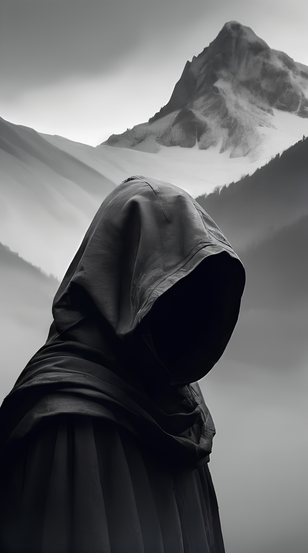 ,wwm,solo,monochrome,hood,greyscale,no eyes,faceless,simple background,male focus,1boy,cloak,grey background,hood up,upper body,shaded face,mountain,scenery,<lora:beij528:0.7>
