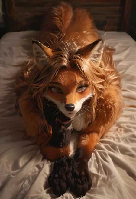 score_9, score_8_up, score_7_up, highres, (realistic:1.4), perfect sharpness, female (animal furry), very silky detailed fur, tail, paw, animal ears, wide shot
1girl, fox_girl, fox_ears, fox_tail, black choker, medium breasts, furry body, black silk robe, long hair, lying on front, feet up, head on hands, looking at viewer, night, Moonlit