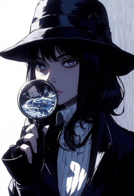 sbfte, de01, detail eyes, magic eyes, 8k.
A pen and ink style expressionism painting. Portrait of a female detective scowling into a magnifying glass. The glass is crystal clear, showing a water portal through the glass. The detective is wearing a black suit that emanates her shadowy figure. 
Anime art of Detective draped in shadows with a lighting that enhances her unique features. Ultra detailed artistic abstract.
