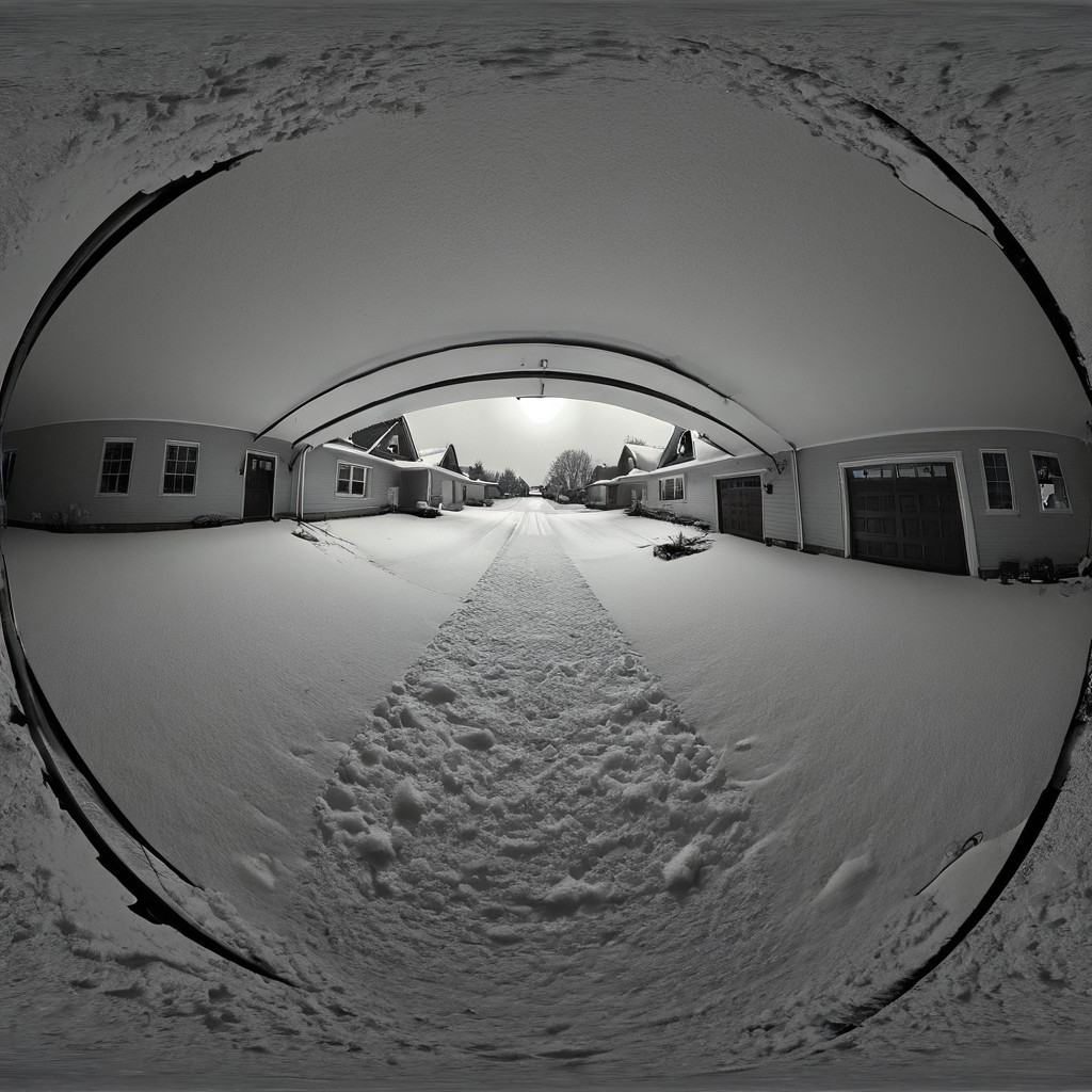 liminal, suburban liminal, suburban, an empty suburban environment, vanishing point, depth of field, fisheye lens, snow, neighborhood, indoors, looking out window, garage, symmetrical, abstract, split image, creepy, greyscale, night, day, sunrise, sunset, beautiful, masterpiece, offset