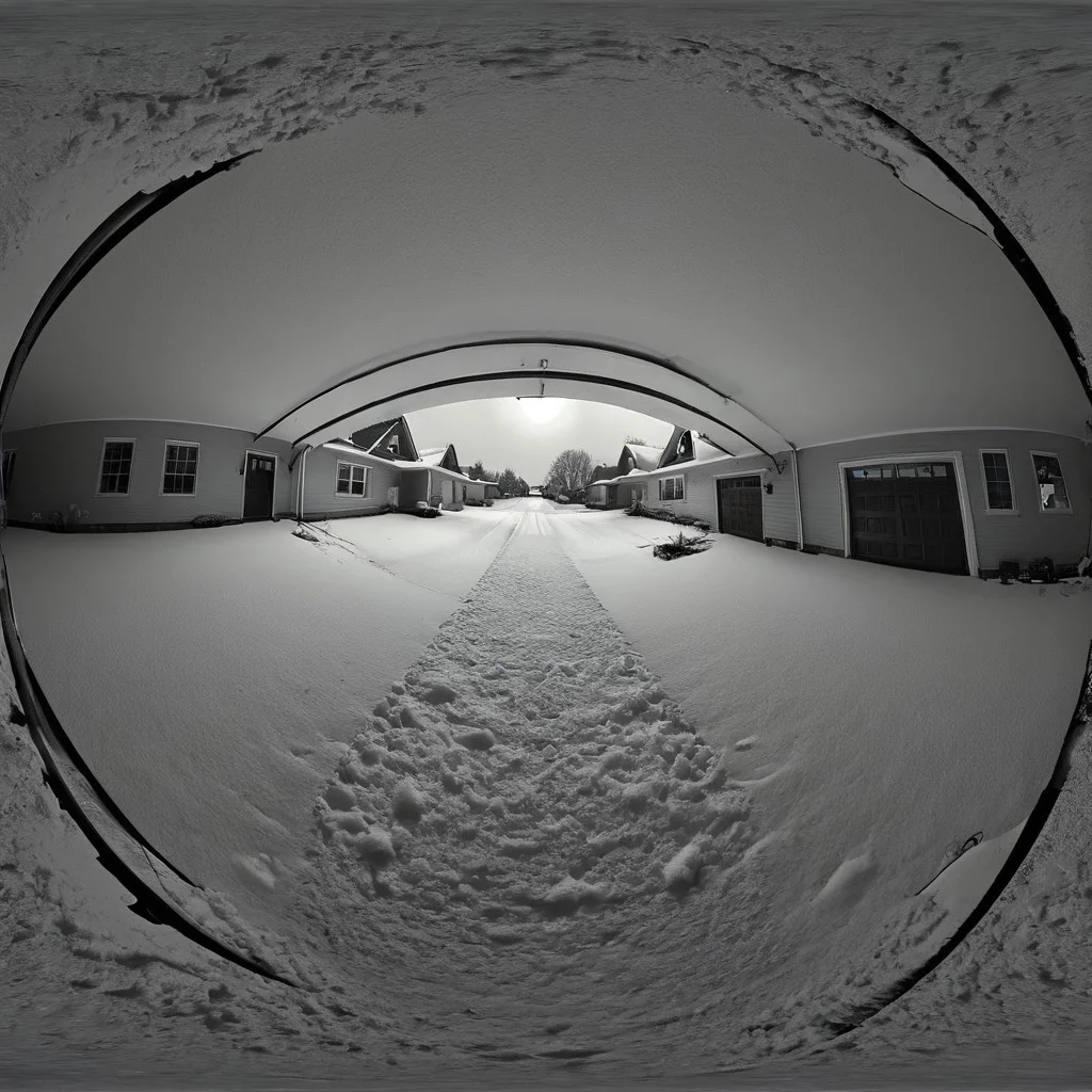 liminal, suburban liminal, suburban, an empty suburban environment, vanishing point, depth of field, fisheye lens, snow, neighborhood, indoors, looking out window, garage, symmetrical, abstract, split image, creepy, greyscale, night, day, sunrise, sunset, beautiful, masterpiece, offset