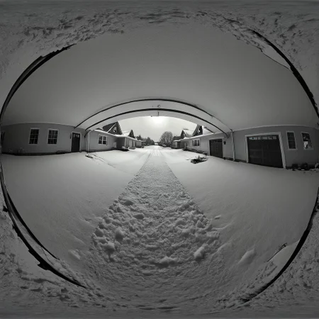 liminal, suburban liminal, suburban, an empty suburban environment, vanishing point, depth of field, fisheye lens, snow, neighborhood, indoors, looking out window, garage, symmetrical, abstract, split image, creepy, greyscale, night, day, sunrise, sunset, beautiful, masterpiece, offset
