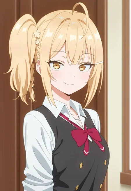 masterpiece,best quality,amazing quality, nonoa miyamae, blonde hair, yellow eyes, 1girl, hair ornament, solo, side ponytail, star hair ornament, ahoge, school uniform, shirt, star (symbol), looking at viewer, smile, jewelry