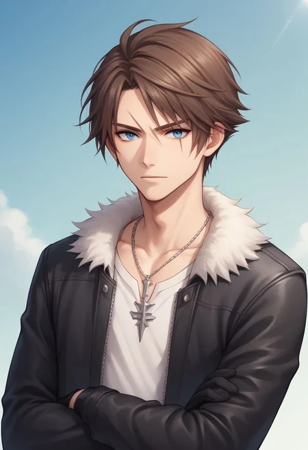 score_9, score_8_up, score_7_up, source_anime, highly detailed, 1boy, solo, skinny,
squall, 1boy, jewelry, male focus, necklace, solo, brown hair, short hair, gloves, white shirt, blue eyes, shirt, black gloves, jacket, upper body, crossed arms, black jacket, trim jacket, scar, scar on face, parted bangs,
outdoor,