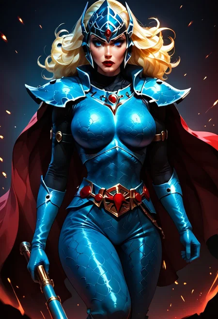 MILF, 32 years old, blonde hair, black leather vampire cape, large saggy breasts, sloppy wavy hair, sexy red boots, revealing outfit, red lips, mascara, eyelashes, hourglass figure, strong, big blue eyes, seductive, mature female, m1lfm3t3r, anezaki mamori, masterpiece, highest quality, realistic skin texture:1.5, high, tear shaped boobs, drow ranger, drow ranger \(dota2\), Masterpiece, 32k, photorealistic:1.4, score_9, score_8_up, score_7_up, small waist, wide hips, high cheekbones, oval face, slim waist, wide hips, thick thighs, full hips, DARK SIDE \(PICTURE BOOK\), NO FACE, colorful background, vivid colors, volumetric light, cinematic light, extremely detailed, bgbrda, top, bodysuit, helmet, armlet, bracelet, gloves, chainmail, skirt, boots, holding weapon, holding rod, eldar, armor, dynamic pose.