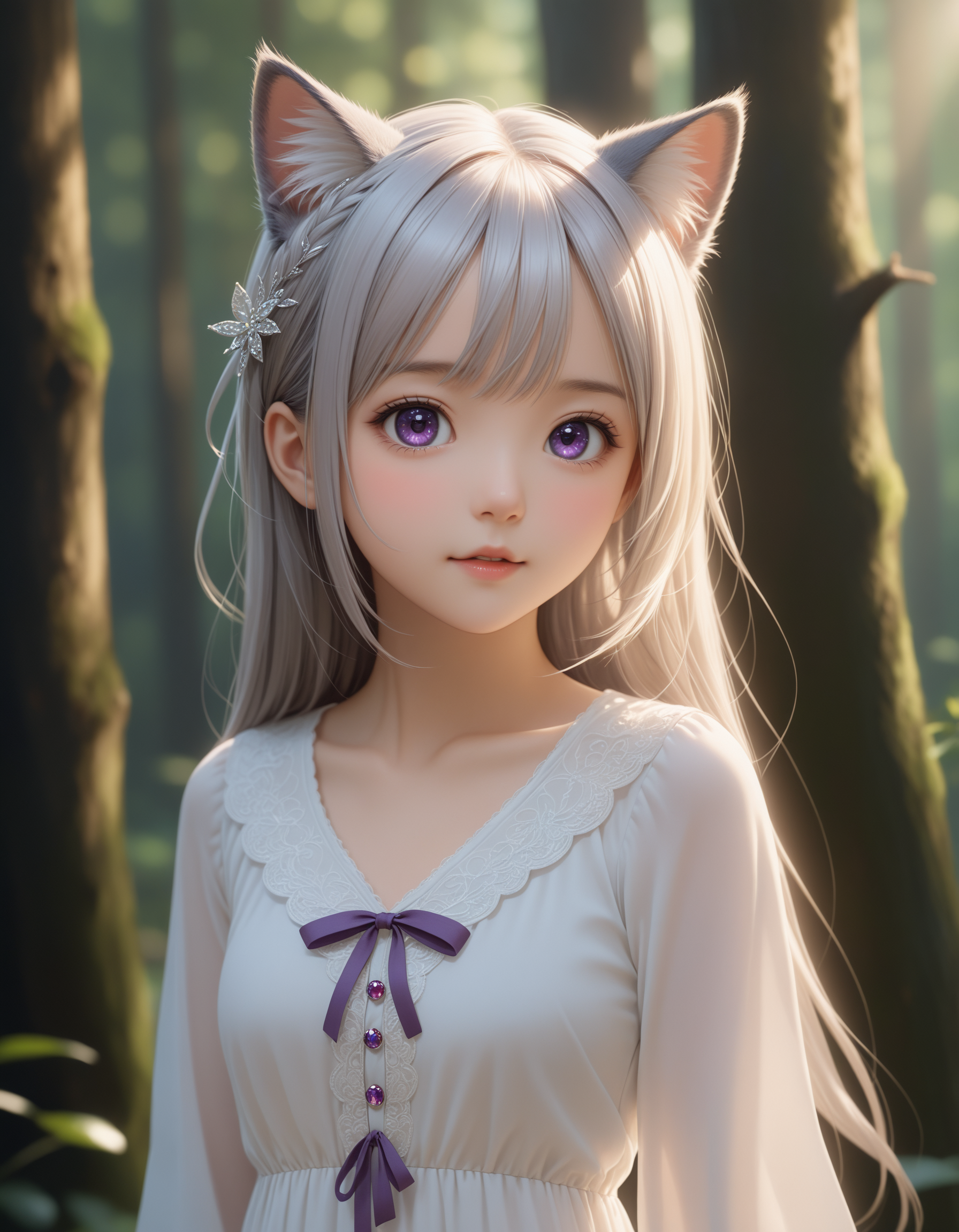 SceneDescription:
  - Composition: Cowboy shot. Cinematic angle.
  - Subject: A very cute girl. (Chibi:0.8).
    - Characteristics:
      - Face: (Round face:1.2).
      - Eyes: Detailed dark-purple eyes.
      - Hair: Long straight hair with ribbon ornament, (shine silver hair), (shine silver inner hair), cat ears and hair between eyes.
      - Body: Detailed body. Small breasts.
      - Clothing: White chiffon maxi dress and ruffled long sleeves.
      - Expression: :o
      - Posing: Cute pose. Looking at viewer.
  - Background: Deep forest.
    - Elements: Sunlight filtering through trees.
Time: Daytime.
Lighting: (Natural lighting:1.4).
ArtStyle: Photorealistic Cute style.
Quality: Intricate details. Extremely detailed. Outstanding intricacies. (Masterpiece:1.2). (Best quality:1.2). (Absurdres absolutely resolution:1.4).
Mood: Serene atmosphere.