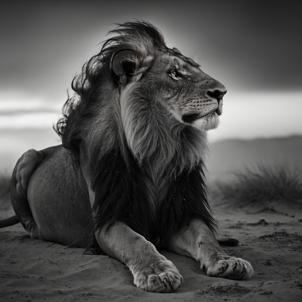 a (black and white:1.5) photo of a lion lying in the savannah at dusk, cloudy sky, dramatic lights, wind blowing on his furry mane, flying dust and sand everywhere, shallow depth of field, blurred background, extreme details, intricate details, 8k, 35mm photo, photorealism, realistic photo, national geographic style, masterpiece