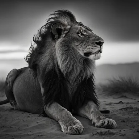 a (black and white:1.5) photo of a lion lying in the savannah at dusk, cloudy sky, dramatic lights, wind blowing on his furry mane, flying dust and sand everywhere, shallow depth of field, blurred background, extreme details, intricate details, 8k, 35mm photo, photorealism, realistic photo, national geographic style, masterpiece