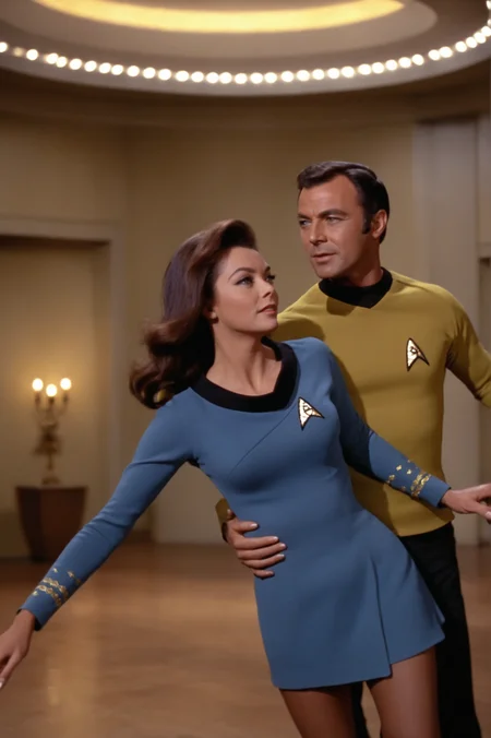 woman in a blue startrektos short dress with long sleeves dancing with man in yellow startrektos in a ballroom,dynamic angle, cinematic still, movie screencap, portrait, dynamic pose,masterpiece, best quality, soft light, bokeh, real shadow, cinematic, subsurface scuttering <lora:TOSXL-000040:0.8>