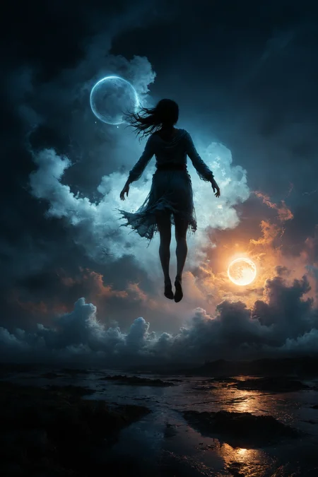 mysterious air spirit with glowing eyes hovering whole body in sky above beautiful skyscape at night, background of moonlit clouds, by Minjae Lee, Carne Griffiths, Emily Kell, Steve McCurry, Geoffroy Thoorens, Aaron Horkey, greg rutkowski, sss glow, Jordan Grimmer, amazing depth, intricately detailed, bokeh, perfect balanced, artistic photorealism , smooth, great masterwork by head of prompt engineering, ruins, mystical, (full body view), <lora:add-detail-xl:2><lora:xl_more_art-full_v1:0.5> <lora:sss:0.7> <lora:Desolation:0.3>