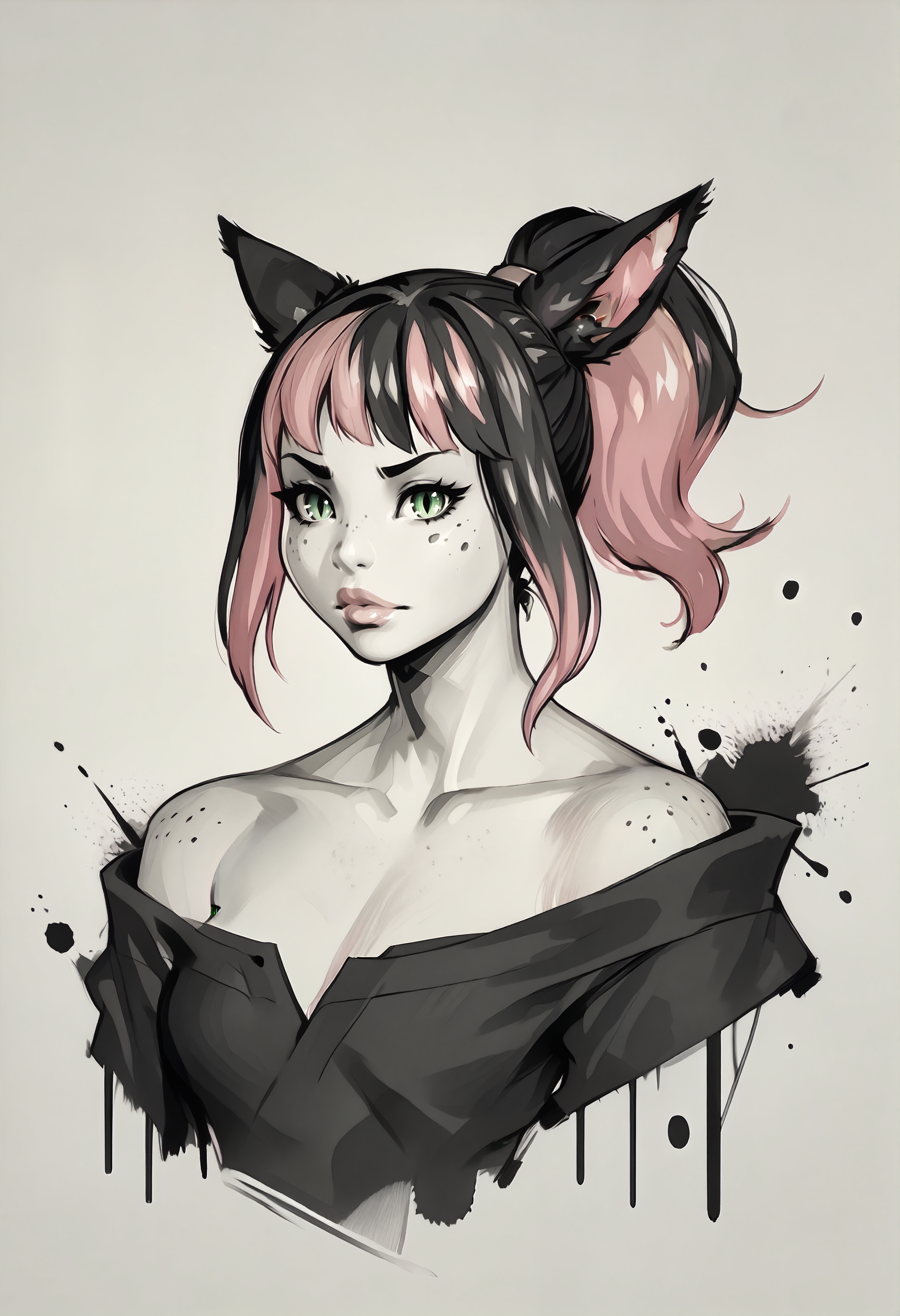 score_9, score_8_up, score_7_up BREAK <lora:clamXIVMC_v20:1> monochromemuse, monochrome, greyscale, ink splatter, xivmc, animal ears, two-tone hair, ponytail, green eyes, slit pupils, freckles, tail, pink hair, pink lips, looking at viewer <lora:monochromemuse:1> <lora:negarobo_pd:1>