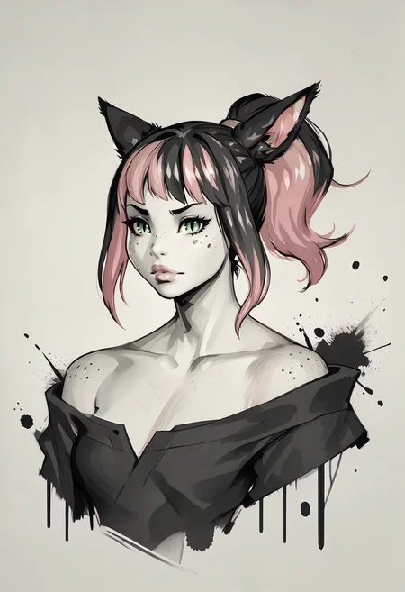 score_9, score_8_up, score_7_up BREAK <lora:clamXIVMC_v20:1> monochromemuse, monochrome, greyscale, ink splatter, xivmc, animal ears, two-tone hair, ponytail, green eyes, slit pupils, freckles, tail, pink hair, pink lips, looking at viewer <lora:monochromemuse:1> <lora:negarobo_pd:1>