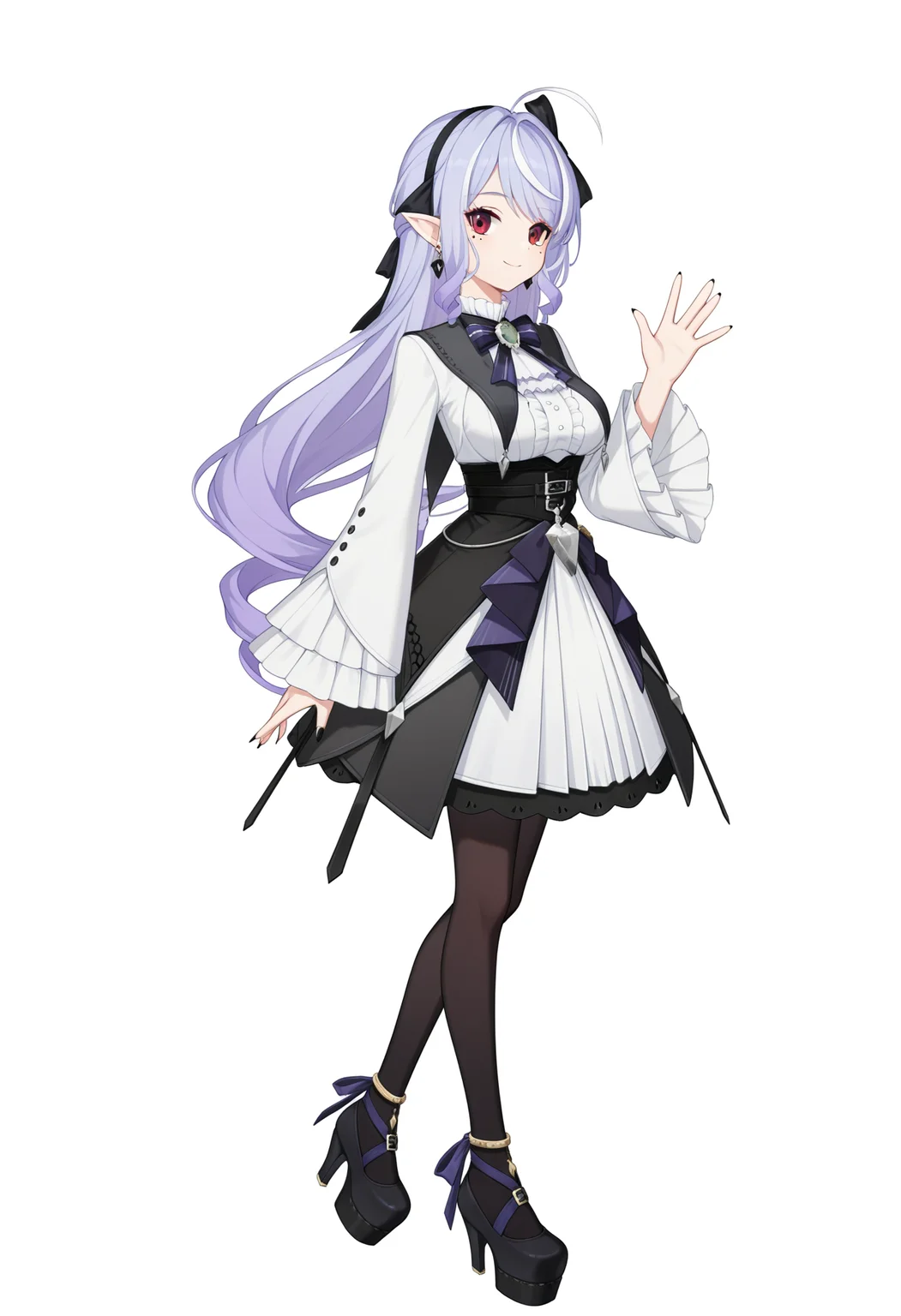 <lora:wwa56:1>,
VIVIAN,mole under eye,purple hair,red eyes,long hair,black pantyhose,pointy ears,dress,ahoge,frills,white skirt,earrings,bowtie,wide sleeves,black corset,hair ribbon,high heels,black pantyhos,black footwear,platform footwear,waving,smile,white_background,multicolored hair,white hair,streaked hair