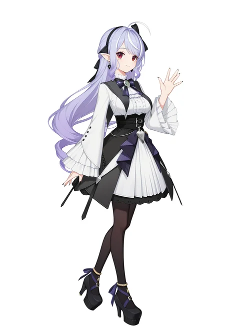 <lora:wwa56:1>,
VIVIAN,mole under eye,purple hair,red eyes,long hair,black pantyhose,pointy ears,dress,ahoge,frills,white skirt,earrings,bowtie,wide sleeves,black corset,hair ribbon,high heels,black pantyhos,black footwear,platform footwear,waving,smile,white_background,multicolored hair,white hair,streaked hair