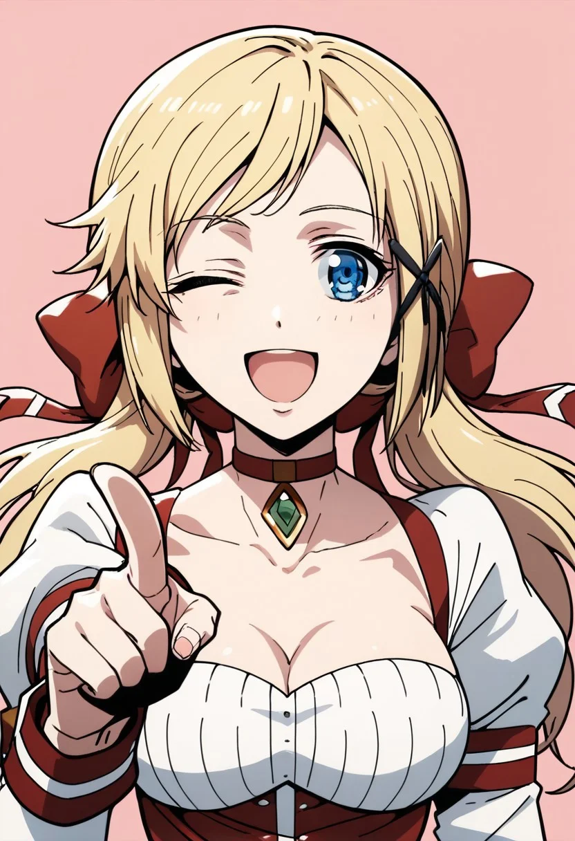 score_9, score_8_up, score_7_up, source_anime, 1girl, YUNA YUNIS, YUNA YUNIS REGULAR WEAR,
1girl, solo, long hair, breasts, looking at viewer, smile, open mouth, blue eyes, blonde hair, simple background, hair ornament, ribbon, cleavage, medium breasts, hair ribbon, upper body, one eye closed, choker, pink background, pointing
