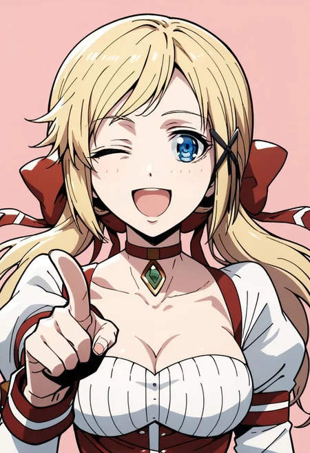score_9, score_8_up, score_7_up, source_anime, 1girl, YUNA YUNIS, YUNA YUNIS REGULAR WEAR,
1girl, solo, long hair, breasts, looking at viewer, smile, open mouth, blue eyes, blonde hair, simple background, hair ornament, ribbon, cleavage, medium breasts, hair ribbon, upper body, one eye closed, choker, pink background, pointing