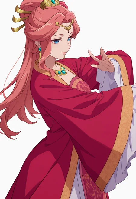Smooth Quality,masterpiece,very intricate, high quality details, ultra realistic, high detailed skin,detailed enviorement,absurdres,
simple background, white background,solo,
from side,light smile,dancing,
<lora:Gyokuyou_CNR:0.8> gyokuyou_cnr, 1girl, red hair, pink hair, blue eyes, long hair,chinese clothes, dress, long sleeves, wide sleeves,earrings, necklace, jewelry