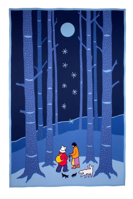 teha1 illustration.
mawon1. A winter night scene in a forest. The artwork features a stylized, minimalist representation of tall, slender tree trunks with textured bark, predominantly in shades of dark blue and navy. The trees are arranged vertically, creating a sense of depth and density. Their bark is depicted with small, evenly spaced, dark spots, giving them a unique, almost quilted appearance. There is a full moon behind the trees. Large snow flakes are falling. <lora:teha1_cap_d6a3e11:1.0><lora:827678900172772548:0>