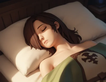 score_9, score_8_up, score_7_up, score_6_up, score_5_up, score_4_up, 1girl, solo, <lora:Emerald_Herald_-_16-8_1batch:1>, hair over one eye, brown eyes, brown hair, green pijamas, blanket, bed, sleeping, night, moonlight, mansion, cozy, fantasy, upper body, portrait, <lora:fugtrup-guy-PONYv101:1>