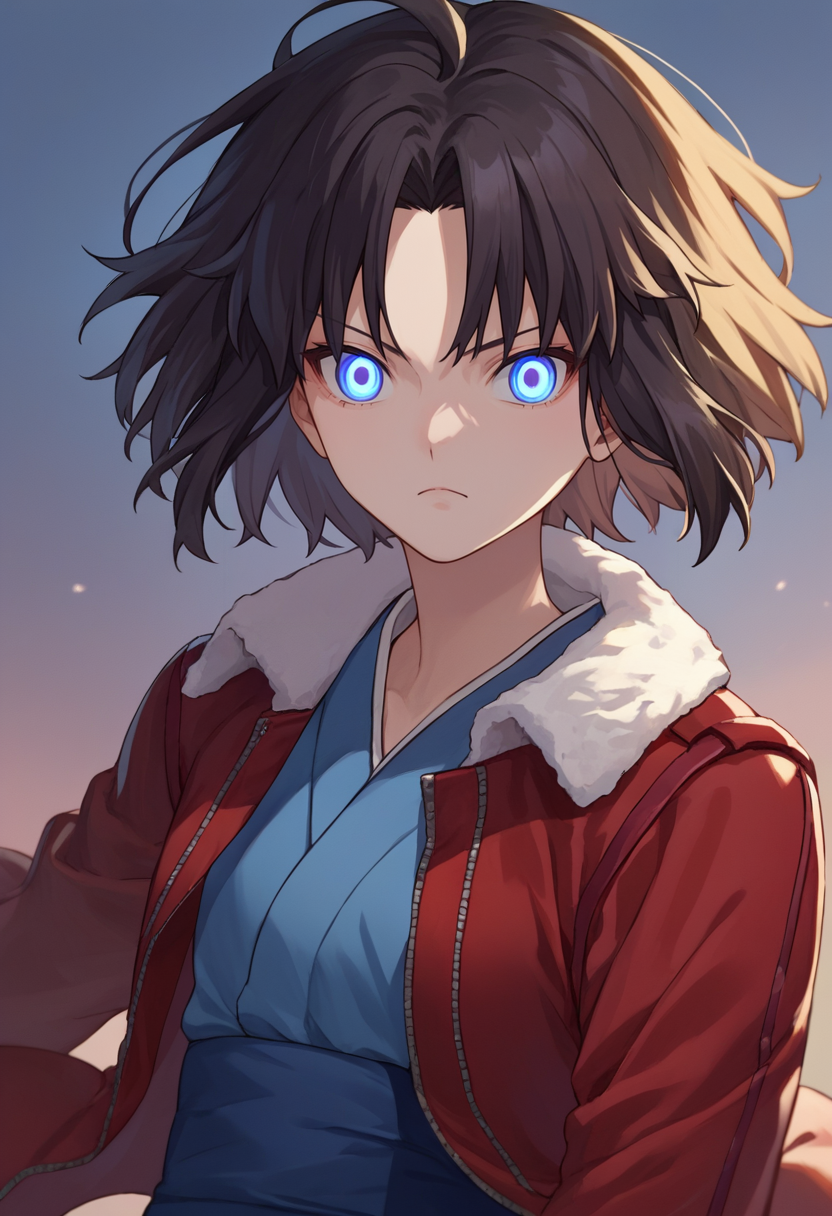 score_9, score_8_up, score_7_up, source_anime, 1girl, ryougi shiki,  short hair, black hair, blue eyes, glowing eyes,  red leather jacket, blue kimono, fur trim,  <lora:Shiki-000007:1>
