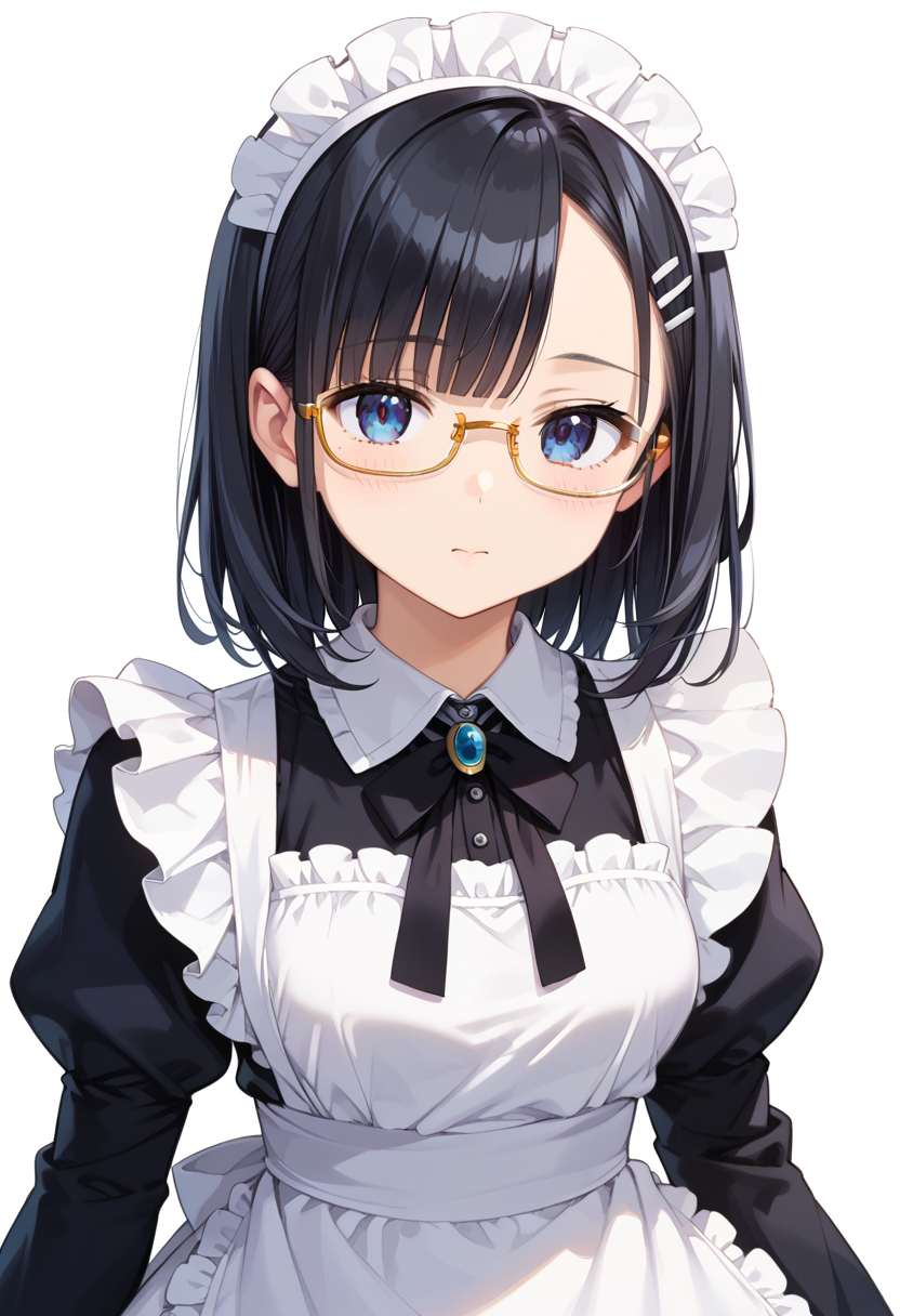 score_9, score_8_up, score_7_up, rating_safe, masterpiece, best quality, absurdres, unity 8k wallpaper, official art, official style, source_anime, uncensored, game cg, megami magazine,
1girl, solo, black hair, medium hair, upper body, covered eyes,maid, maid headdress, black dress, maid apron, face focus,
underrim_metal, glasses, still life, white background, simple background, under-rim eyewear, yellow-framed eyewear, 
 <lora:glasses_underRimMetal_PONY_V1:1>